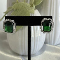 Emerald Green CZ Rectangle Stud Earrings Silver Tone Party Jewelry