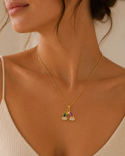 Gold Tone Rainbow Pendant Necklace Multicolor Crystal Look Cloud Fashion Jewelry