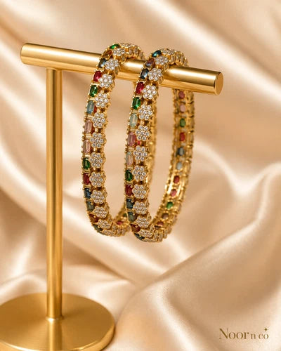 Multicolor CZ Flower Gold Tone Bangle Set Size 2.10 Indian Pakistani Jewelry