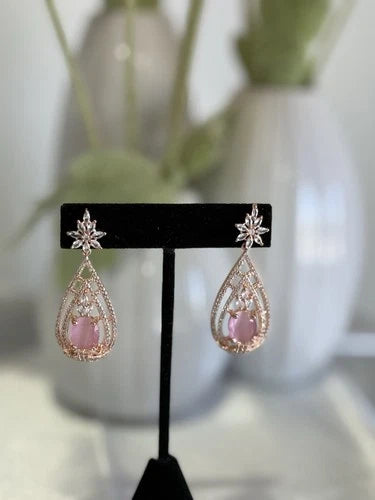 Baby Pink CZ Teardrop Earrings Rose Gold Tone Party Jewelry