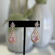 Baby Pink CZ Teardrop Earrings Rose Gold Tone Party Jewelry