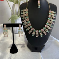 Pastel Pink Mint CZ Necklace Earrings Tikka Set Gold Tone Jewelry