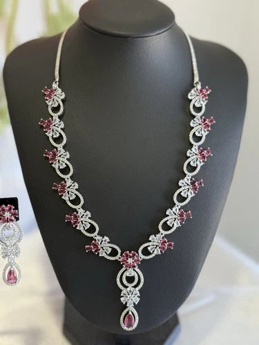 Pink Crystal CZ Necklace & Earrings Set Silver Tone Wedding Jewelry
