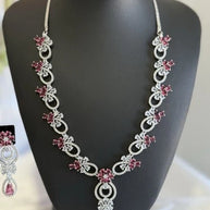 Pink Crystal CZ Necklace & Earrings Set Silver Tone Wedding Jewelry