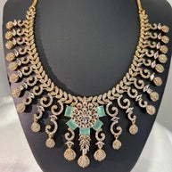 Gold Tone Mint Green CZ Necklace Earrings Set Indian Pakistani Bridal Jewelry