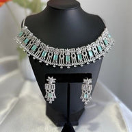 Mint Green CZ Choker Necklace Earrings Set Silver Tone Pakistani Jewelry