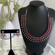 Ruby Pink CZ Necklace & Earrings Set Silver Tone Pakistani Jewelry