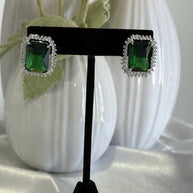 Emerald Green CZ Rectangle Stud Earrings Silver Tone Party Jewelry