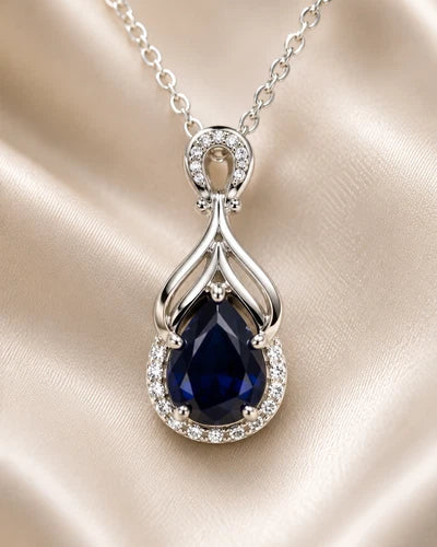 Midnight Blue Teardrop Pendant Necklace – Silver Tone