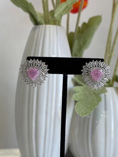Pink & Green Stone Halo Stud Earrings Silver Tone CZ Statement Jewelry