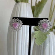 Pink & Green Stone Halo Stud Earrings Silver Tone CZ Statement Jewelry