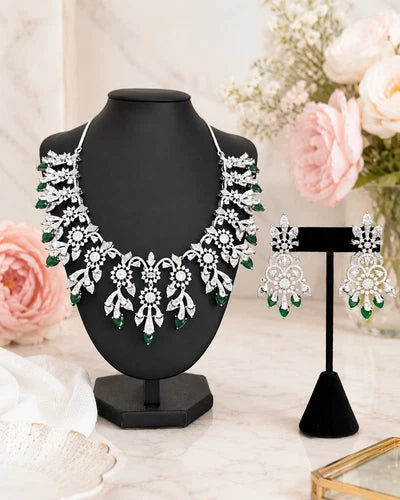 Emerald Green CZ Crystal Silver Necklace Earrings Set Indian Bridal Jewelry