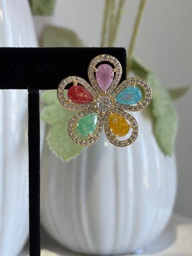 Multicolor Flower CZ Gold Tone Stud Earrings Pakistani Indian Jewelry