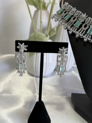 Mint Green CZ Choker Necklace Earrings Set Silver Tone Pakistani Jewelry