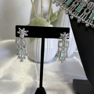 Mint Green CZ Choker Necklace Earrings Set Silver Tone Pakistani Jewelry