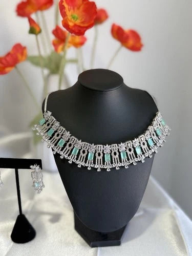 Mint Green CZ Choker Necklace Earrings Set Silver Tone Pakistani Jewelry
