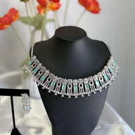 Mint Green CZ Choker Necklace Earrings Set Silver Tone Pakistani Jewelry
