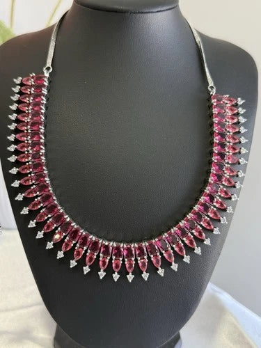 Ruby Pink CZ Necklace & Earrings Set Silver Tone Pakistani Jewelry