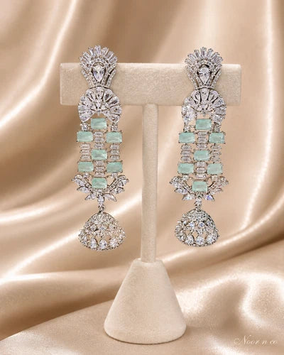 Mint Green CZ Silver Tone Chandelier Jhumka Earrings Pakistani Indian Jewelry