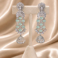 Mint Green CZ Silver Tone Chandelier Jhumka Earrings Pakistani Indian Jewelry