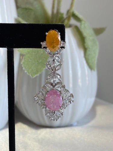 Yellow Pink CZ Silver Tone Drop Earrings Pakistani Indian Statement Jewelry
