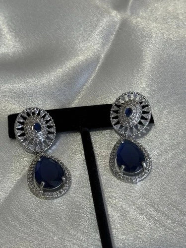 Sapphire Blue CZ Teardrop Earrings Silver Tone Party Jewelry