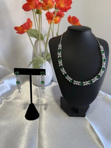 Emerald Green CZ Necklace & Earrings Set Silver Tone Wedding Jewelry