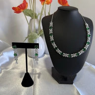 Emerald Green CZ Necklace & Earrings Set Silver Tone Wedding Jewelry
