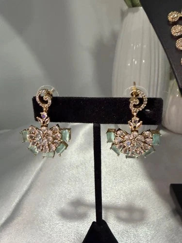 Gold Tone Mint Green CZ Necklace Earrings Set Indian Pakistani Bridal Jewelry