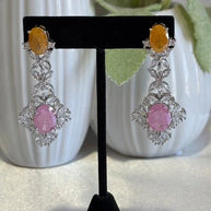 Yellow Pink CZ Silver Tone Drop Earrings Pakistani Indian Statement Jewelry