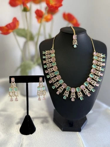 Pastel Pink Mint CZ Necklace Earrings Tikka Set Gold Tone Jewelry