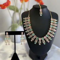 Pastel Pink Mint CZ Necklace Earrings Tikka Set Gold Tone Jewelry