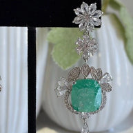 Mint Green CZ Silver Tone Drop Earrings Pakistani Indian Statement Jewelry