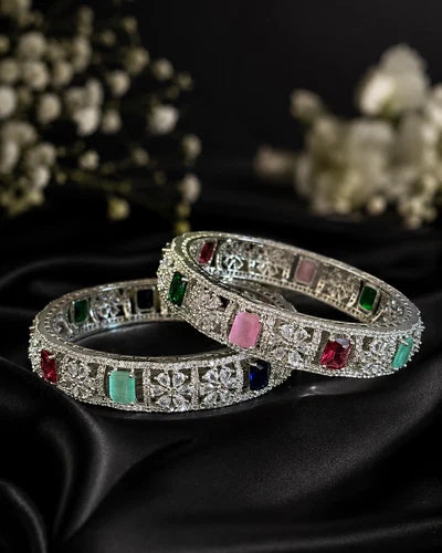 Multicolor CZ Silver Tone Bangle Bracelet Set of 2 Indian Pakistani Jewelry 2.10