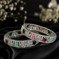 Multicolor CZ Silver Tone Bangle Bracelet Set of 2 Indian Pakistani Jewelry 2.10