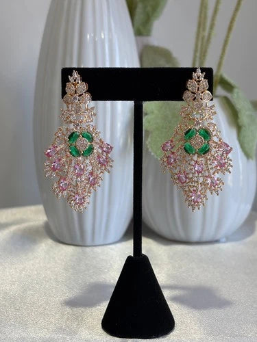 Green Pink CZ Gold Tone Chandelier Earrings Pakistani Indian Bridal Jewelry