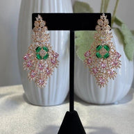 Green Pink CZ Gold Tone Chandelier Earrings Pakistani Indian Bridal Jewelry
