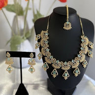 Mint Green CZ Necklace & Earrings Set Silver Tone Pakistani Jewelry