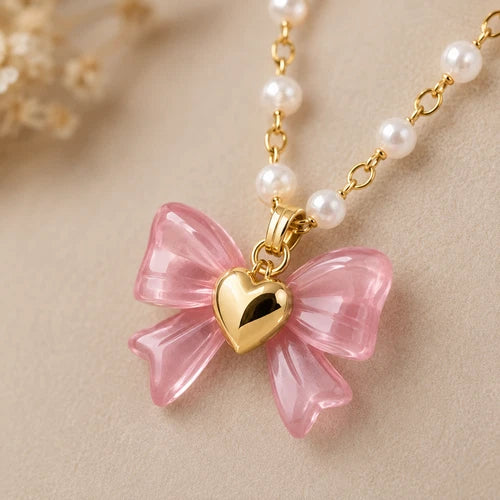 Pink Bow Heart Pendant Necklace Gold Tone Pearl Look Beaded Fashion Jewelry