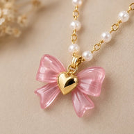 Pink Bow Heart Pendant Necklace Gold Tone Pearl Look Beaded Fashion Jewelry