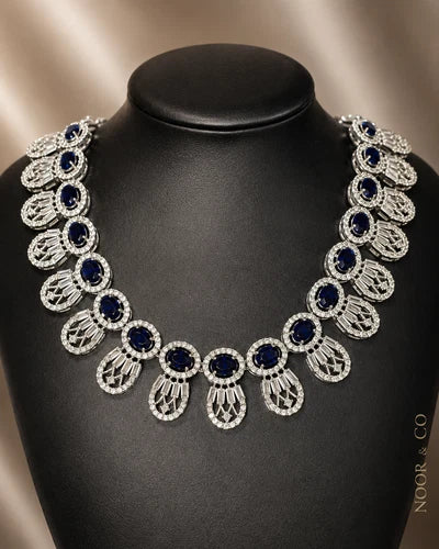 Navy Blue & Silver Tone CZ Necklace Earrings Set | Elegant Statement Jewelry