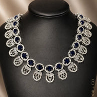 Navy Blue & Silver Tone CZ Necklace Earrings Set | Elegant Statement Jewelry