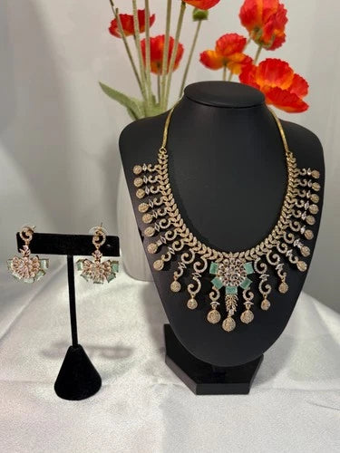 Gold Tone Mint Green CZ Necklace Earrings Set Indian Pakistani Bridal Jewelry