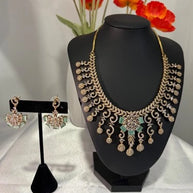 Gold Tone Mint Green CZ Necklace Earrings Set Indian Pakistani Bridal Jewelry