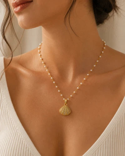 Gold Tone Shell Locket Necklace Pearl Look Hidden Pendant