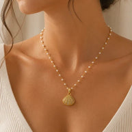 Gold Tone Shell Locket Necklace Pearl Look Hidden Pendant
