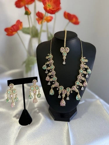 Pastel Pink Mint Gold Tone Necklace Earrings Tikka Pakistani Jewelry Set