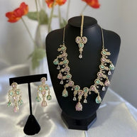 Pastel Pink Mint Gold Tone Necklace Earrings Tikka Pakistani Jewelry Set