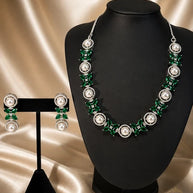 Emerald Green Pearl CZ Silver Tone Necklace Earrings Set