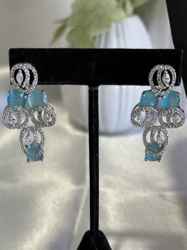 Aqua Blue CZ Necklace Earrings Tikka Set Silver Tone Pakistani Jewelry